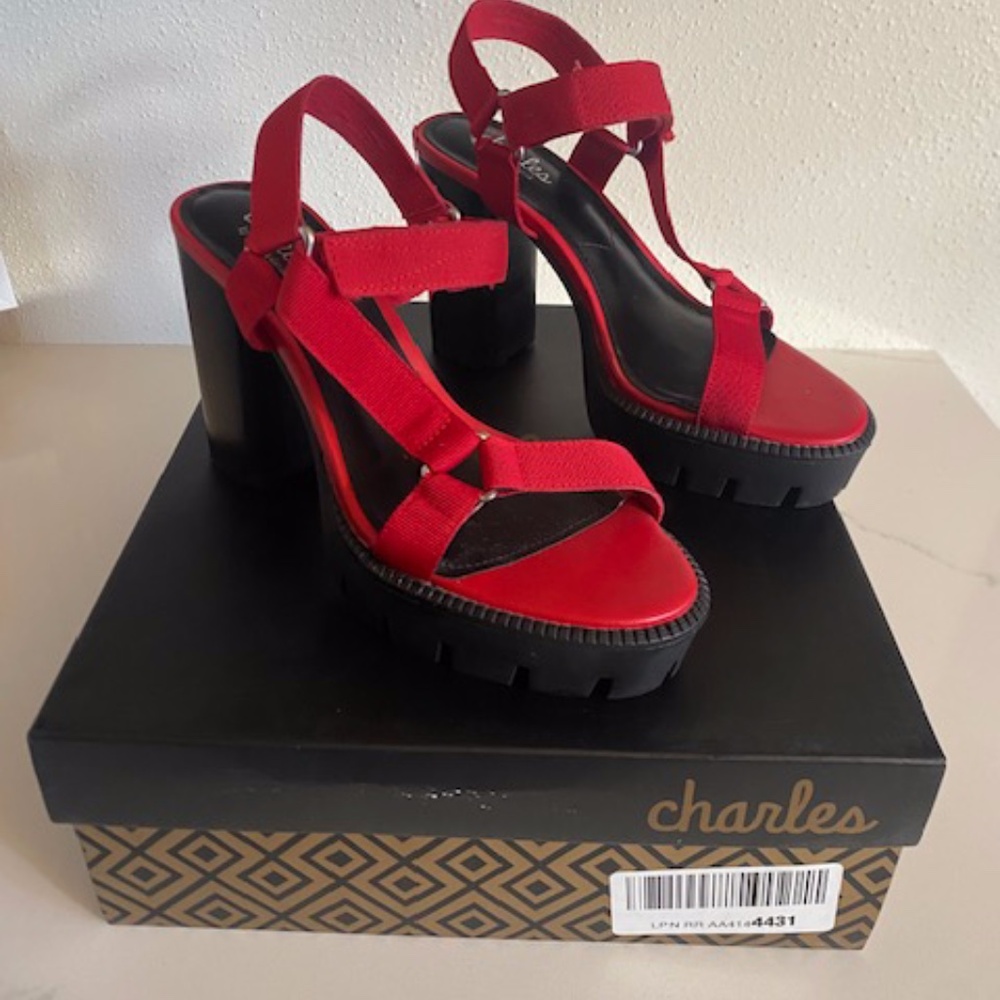 CHARLES DAVID STRAPPY RED PLATFORM SANDAL